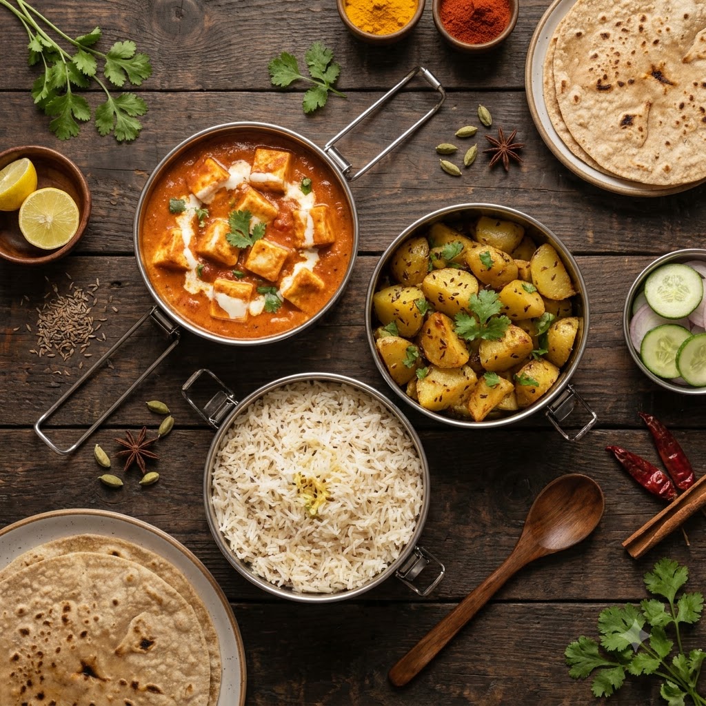 Paneer sabji, jeera aloo, steamed rice and roti served in steel tiffin containers on a rustic wooden table with fresh spices and herbs